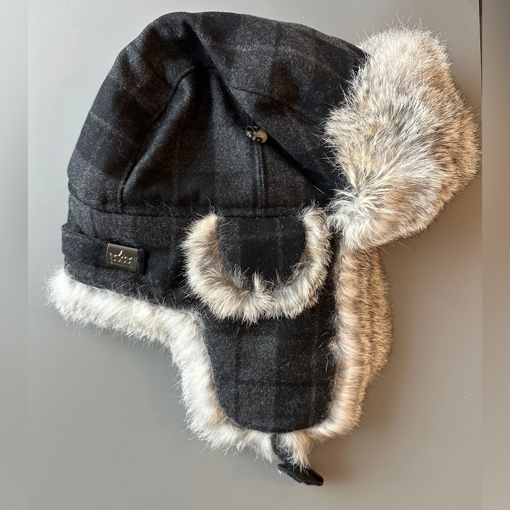 Winter Fur Real Rabbit Fur Wool Blend Buffalo Check Trapper Hat Black/Grey S/M